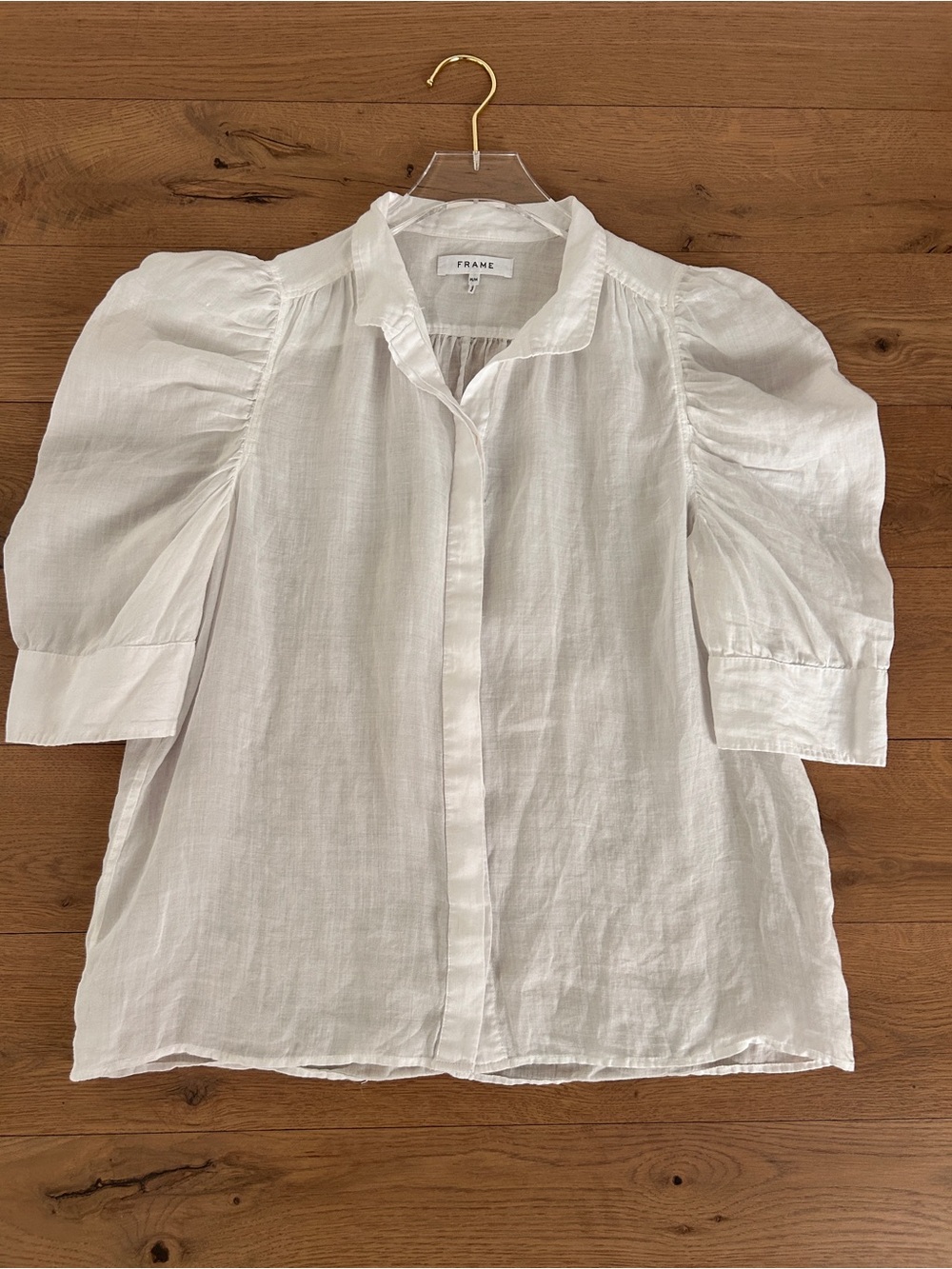 FRAME Gillian White Blouse Ruched Puff Sleeve Top Button Up Shirt Size Medium - Picture 7 of 15